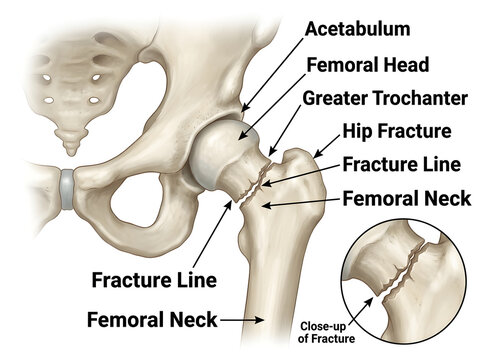 Hip fracture diagram showing femoral neck break isolated on white background