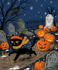 Obraz premium Black Cat Walking in Spooky Graveyard with Pumpkins Halloween Illustration