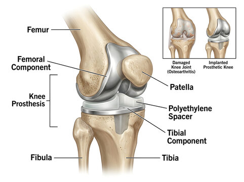 Knee prosthesis with femoral and tibial components illustration isolated on white background