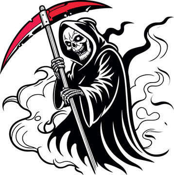 Grim reaper mascot vector illustration with skull character holding scythe