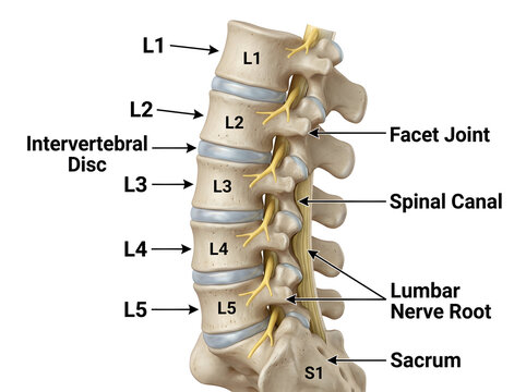 Lumbar spine anatomy with labeled lumbar vertebrae and nerves isolated on white background