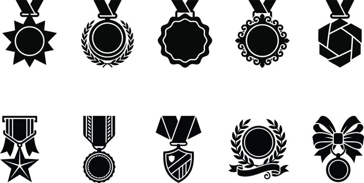 A carefully arranged collection of diverse black silhouette military medals and honors representing service and distinguished achievement in the armed