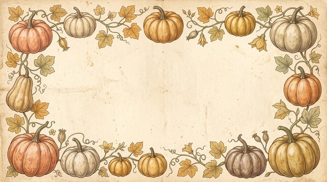 Vintage botanical pumpkin border illustration with hand drawn gourds and autumn leaves on an aged weathered paper background