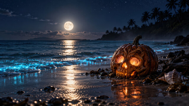 Halloween pumpkin skull glowing on beach at night with full moon and bioluminescent waves creating magical spooky atmosphere