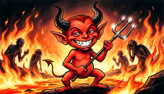 A mischievous red cartoon devil holding a pitchfork standing in the middle of a fiery hell background
