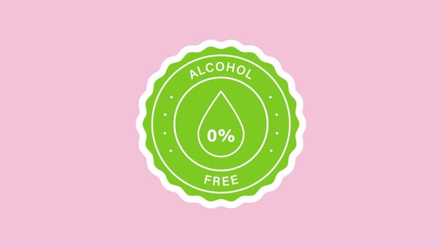 Health and safety sticker animation with a green circular badge with water drop on a transparent background. Alcohol-free label indicating. Seamless animated icon. 4K video overlay isolated element.