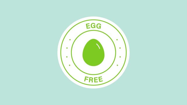 Egg-free product label sticker animation with a green egg silhouette inside circular on a transparent background. Egg-free dietary label. Seamless animated icon. 4K video overlay isolated element.
