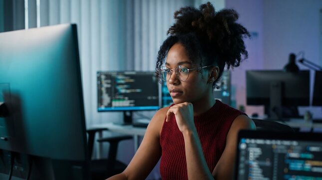 Focused black female software developer working on computer code in a dark modern office