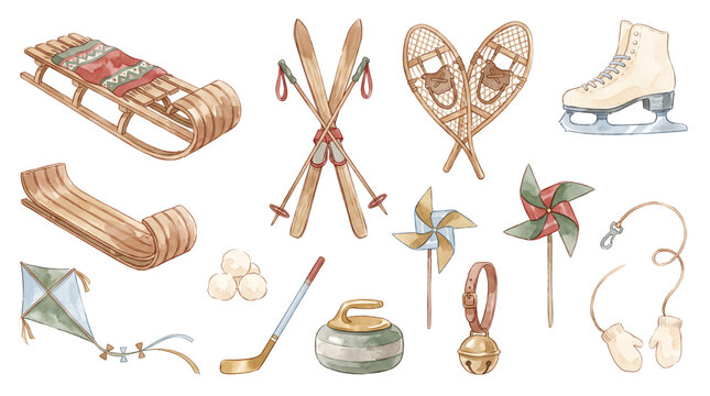 Watercolor winter sports equipment and activity icons set