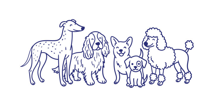 Group of cute different dog breeds standing together, hand drawn vector illustration