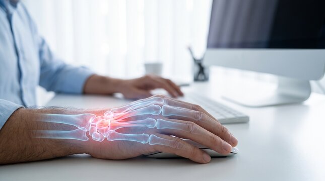 Man with carpal tunnel syndrome using computer mouse at office desk