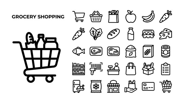 Grocery Shopping Icons: A collection of line art icons depicting various elements of grocery shopping, including a shopping cart, basket, food items, and checkout symbols, presented with a title.