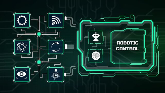 Industrial robotic control interface displaying automated machinery telemetry, smart algorithm sync and process automation