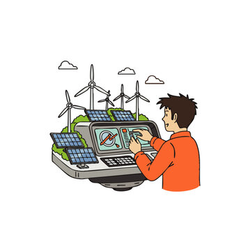 Focused technician monitoring renewable energy grid with wind turbines and solar panels, concept for sustainable energy management, smart infrastructure, and green technology implementation