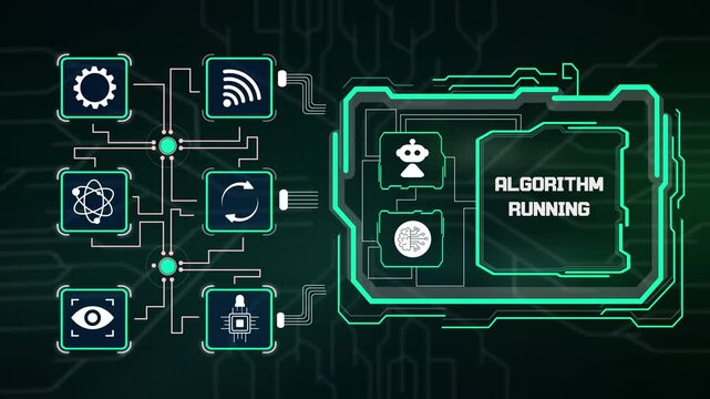Futuristic cyber dashboard executing algorithm running protocol, automated data computation and microprocessor sync