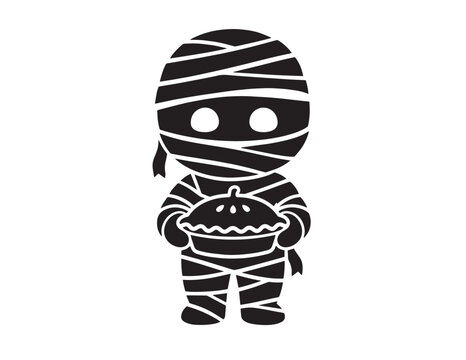 Adorable mummy character holding a fresh pie vector silhouette for Halloween party decoration
