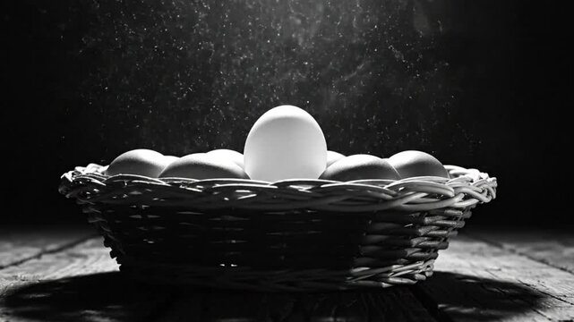 Black and white still life of an egg basket with one egg emitting a bright light on a wooden surface