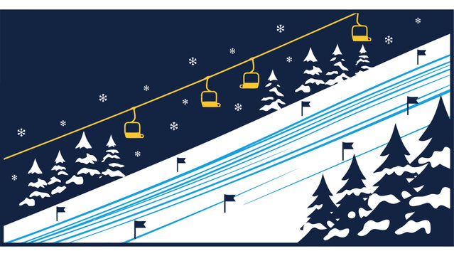 Ski resort slope with chairlift and snowy pine forest vector illustration