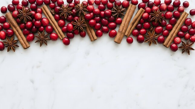 Top view of fresh red cranberries and cinnamon sticks with star anise on a white marble background with copy space.