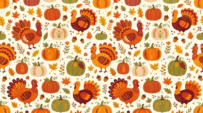 Seamless pattern with thanksgiving turkeys, various pumpkins, and autumn leaves for fall celebration design.