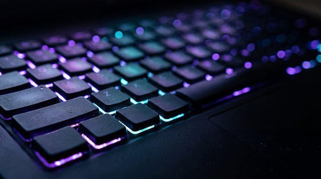 Macro close up of a modern laptop keyboard with vibrant purple and cyan RGB backlighting in the dark