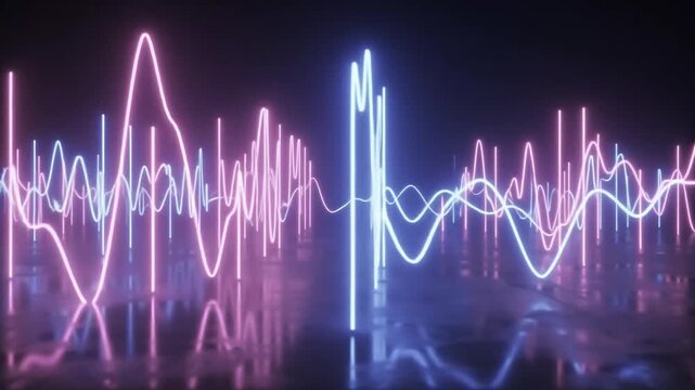 Neon audio spectrum wave on dark background, glowing pink and blue music equalizer, futuristic sound visualization for DJ and concert visuals
