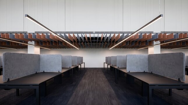 Modern corporate quiet focus study desks with recycled gray wool acoustic partitions and suspended geometric linear ceiling sound baffles for high productivity hybrid office architecture banner