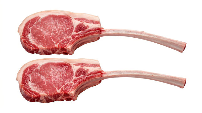 Raw cuts of beef meat displayed on a clean white