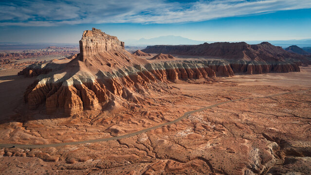Aerial view of Wild Horse Butte and eroded badlands near Goblin Valley State Park, Utah, United States.