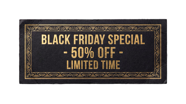 Elegant Black Friday savings voucher featuring luxurious golden accents, realistic textured paper design isolated on a pure white background