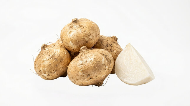 Whole roasted root vegetables piled on white background for cooking