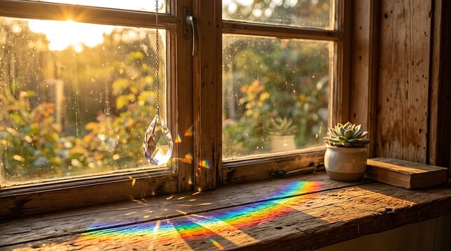 Crystal suncatcher refracting rainbow light on rustic windowsill