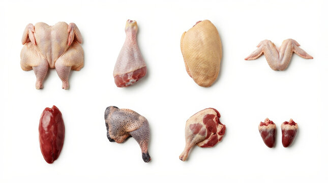 Raw chicken cuts resting on a clean white kitchen counter