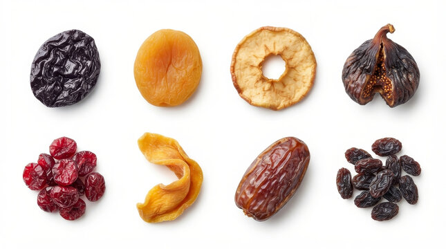 Mixed dried fruits piled on white background for healthy snack
