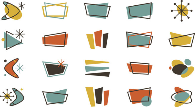 Midcentury modern vector graphic elements set with retro geometric shapes and atomic starburst icons