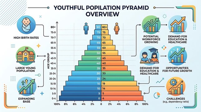 Youthful population pyramid infographic showing demographic trends