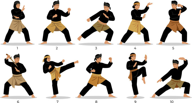 Pencak silat martial arts poses set, traditional indonesian fighting techniques with various stances and movements