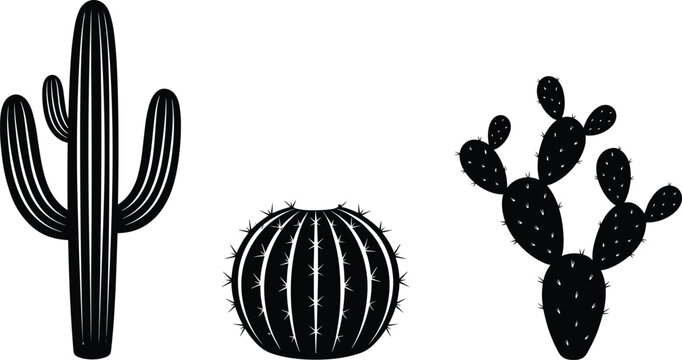 Desert cactus plants silhouette vector icon set, mexican saguaro succulent elements illustration