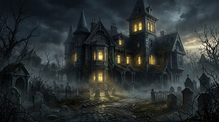 Obraz premium Haunted Gothic Manor With Graveyard Under Stormy Sky