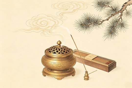 Golden Incense Burner Smoke Pine Branch Incense Sticks Line Art