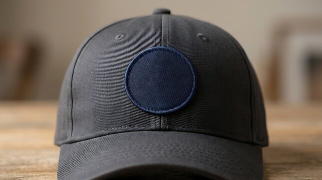 Dark grey baseball cap with a blank navy blue circular patch mockup