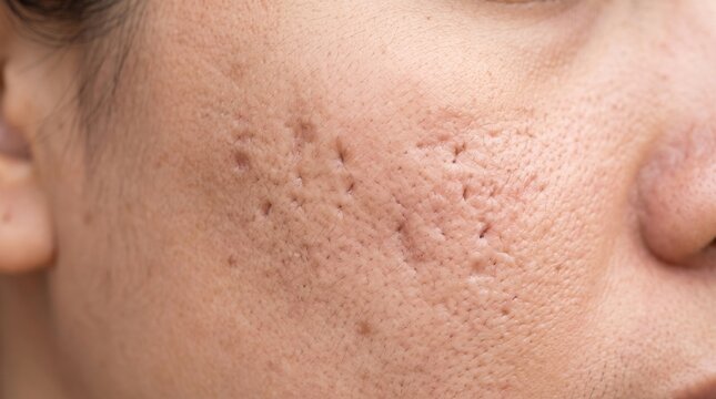 Macro Close up View of Atrophic Ice Pick Acne Scars and Pores on Cheek