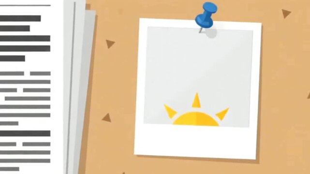 Flat design animation of newspaper article and sun photo pinned on corkboard
