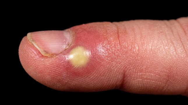 Macro View of Acute Purulent Paronychia Infection Pus Abscess on Finger Cuticle