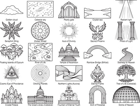 A collection of stylized celestial and mythological symbols and icons, offering a diverse range of graphic elements for creative projects.