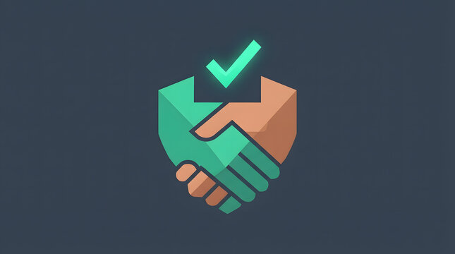 Handshake icon forming a shield shape topped with a green checkmark symbol showing trust and secure business agreement concept