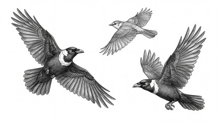Obraz premium Detailed black and white pencil drawing of three birds in flight, featuring crows and a small songbird with spread wings, isolated on a white background for nature and wildlife design projects.