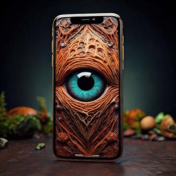 Surreal abstract portrait of brown eye and bird features in textured art style on phone display