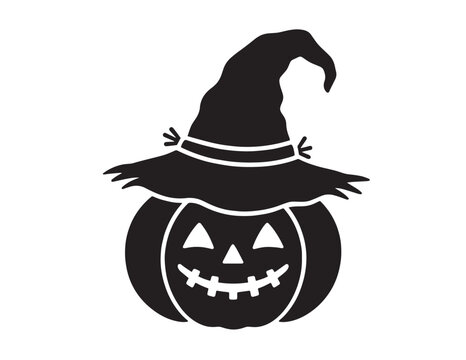Spooky jack-o-lantern pumpkin wearing a witch hat silhouette vector icon for Halloween design