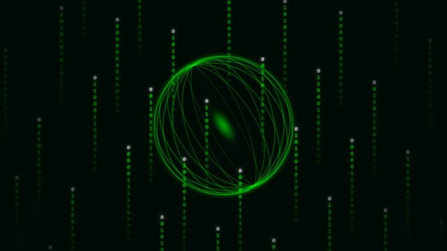 Binary Code Data Stream Matrix with Glowing Green Digital Sphere Animation on Black Background